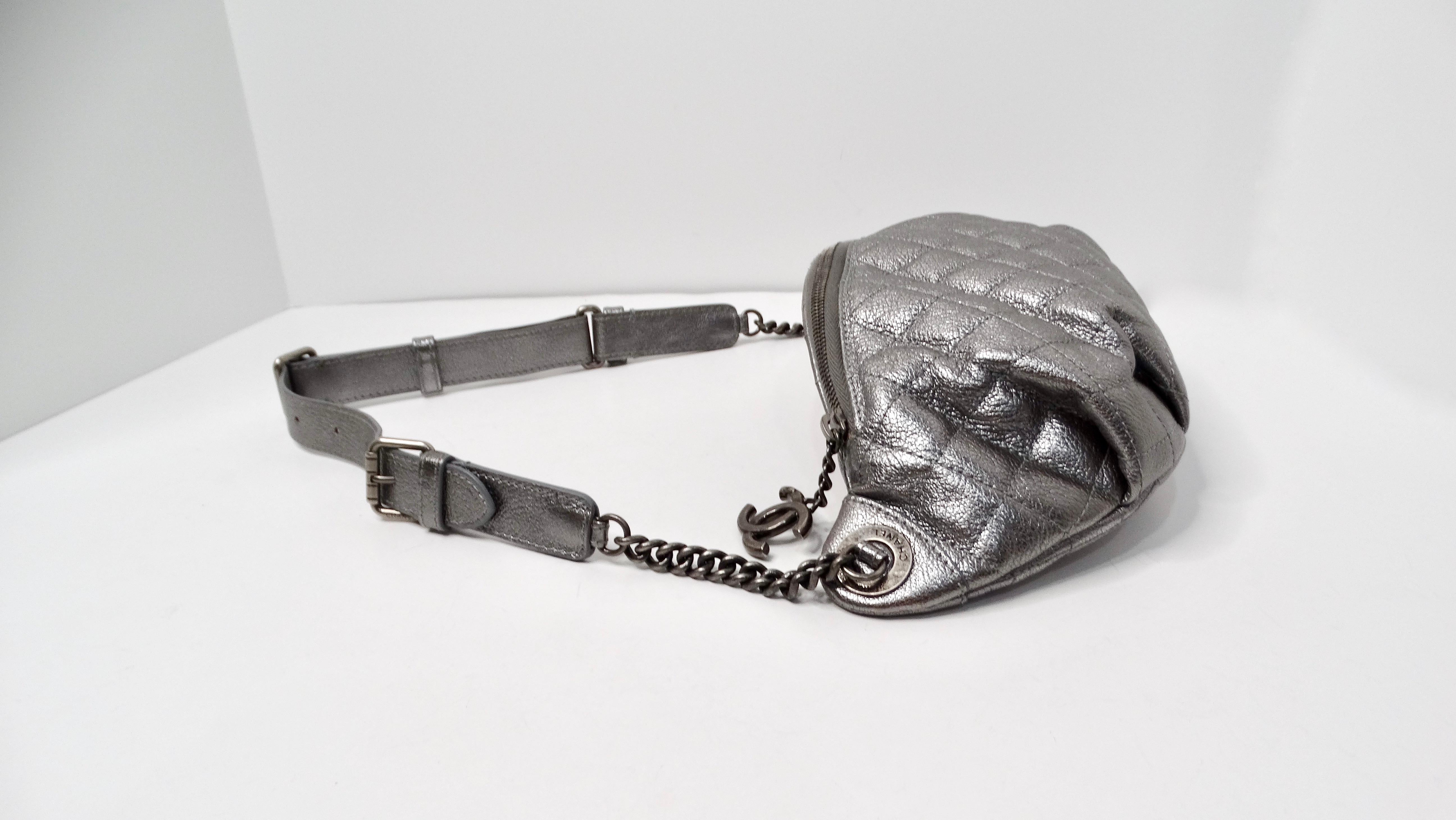 Chanel 2015 Silver Metallic Quilted Calfskin Banane Fanny Pack Waist Bag For Sale 4
