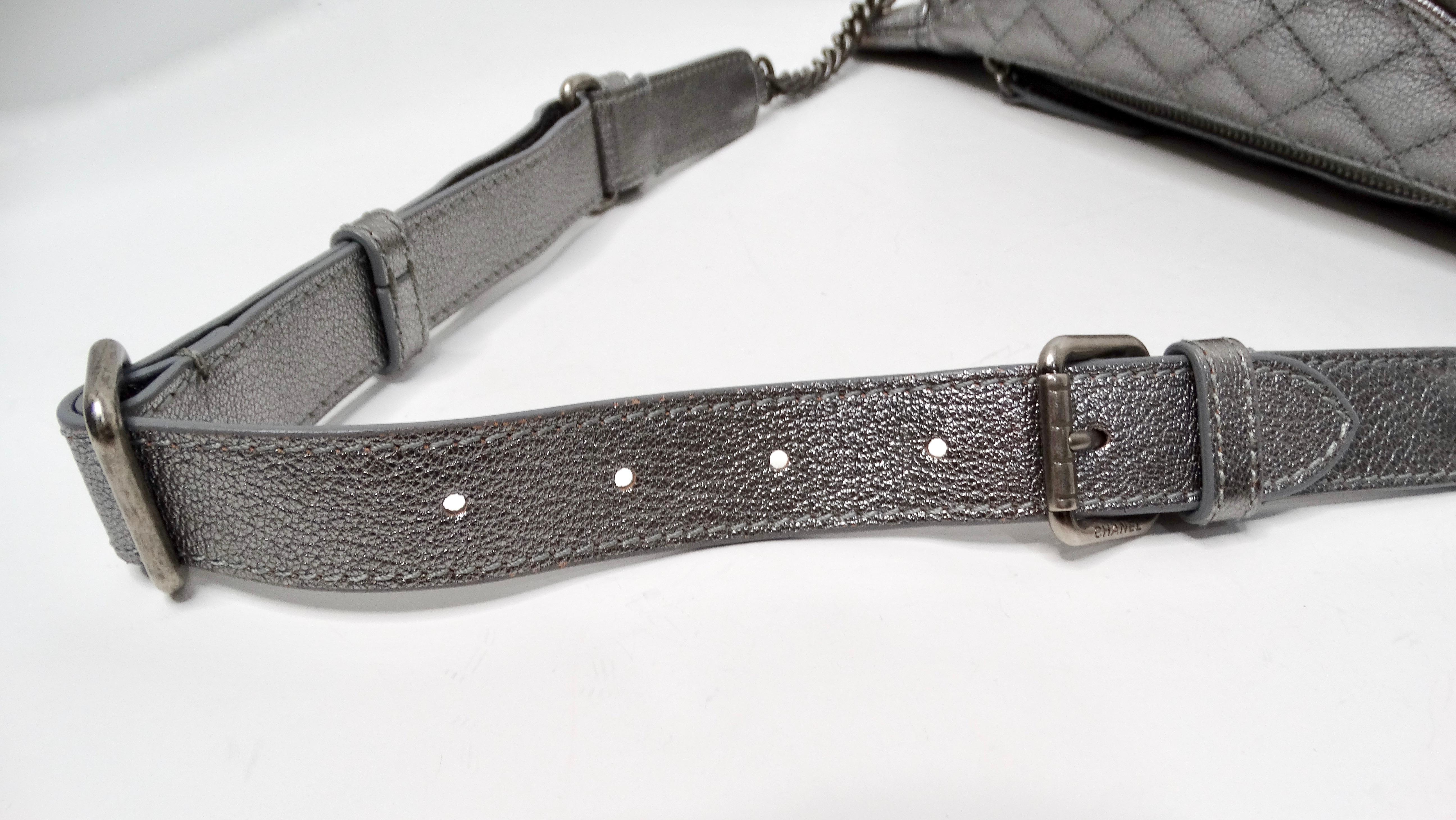 Chanel 2015 Silver Metallic Quilted Calfskin Banane Fanny Pack Waist Bag For Sale 5