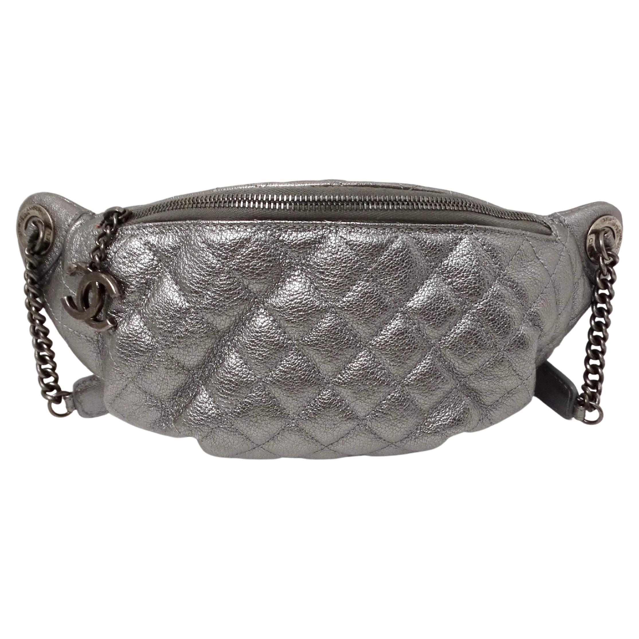 Chanel 2015 Silver Metallic Quilted Calfskin Banane Fanny Pack Waist Bag