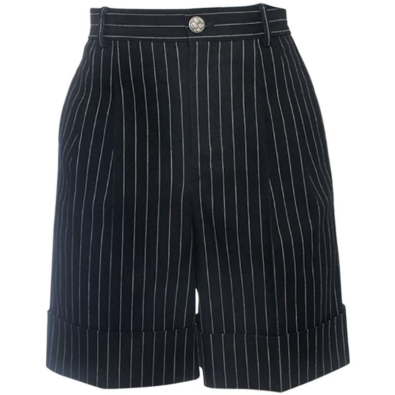 Chanel 2015 Spring Runway Grey Pinstripe High Waist Shorts - 36