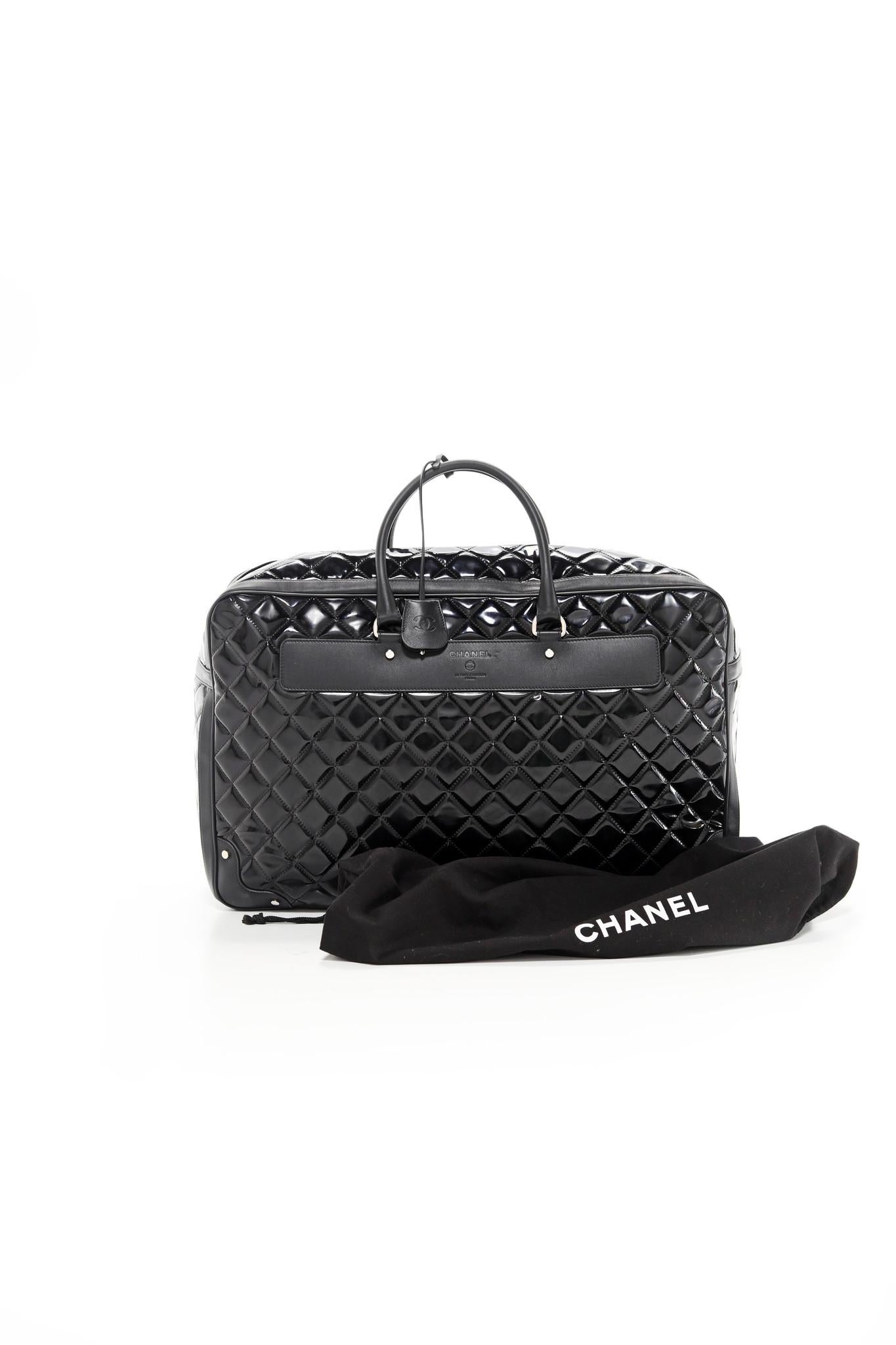 Chanel 2015 Timeless Quilted Carry-on Travel Tote Royal Black Patent Leather Bag For Sale 9