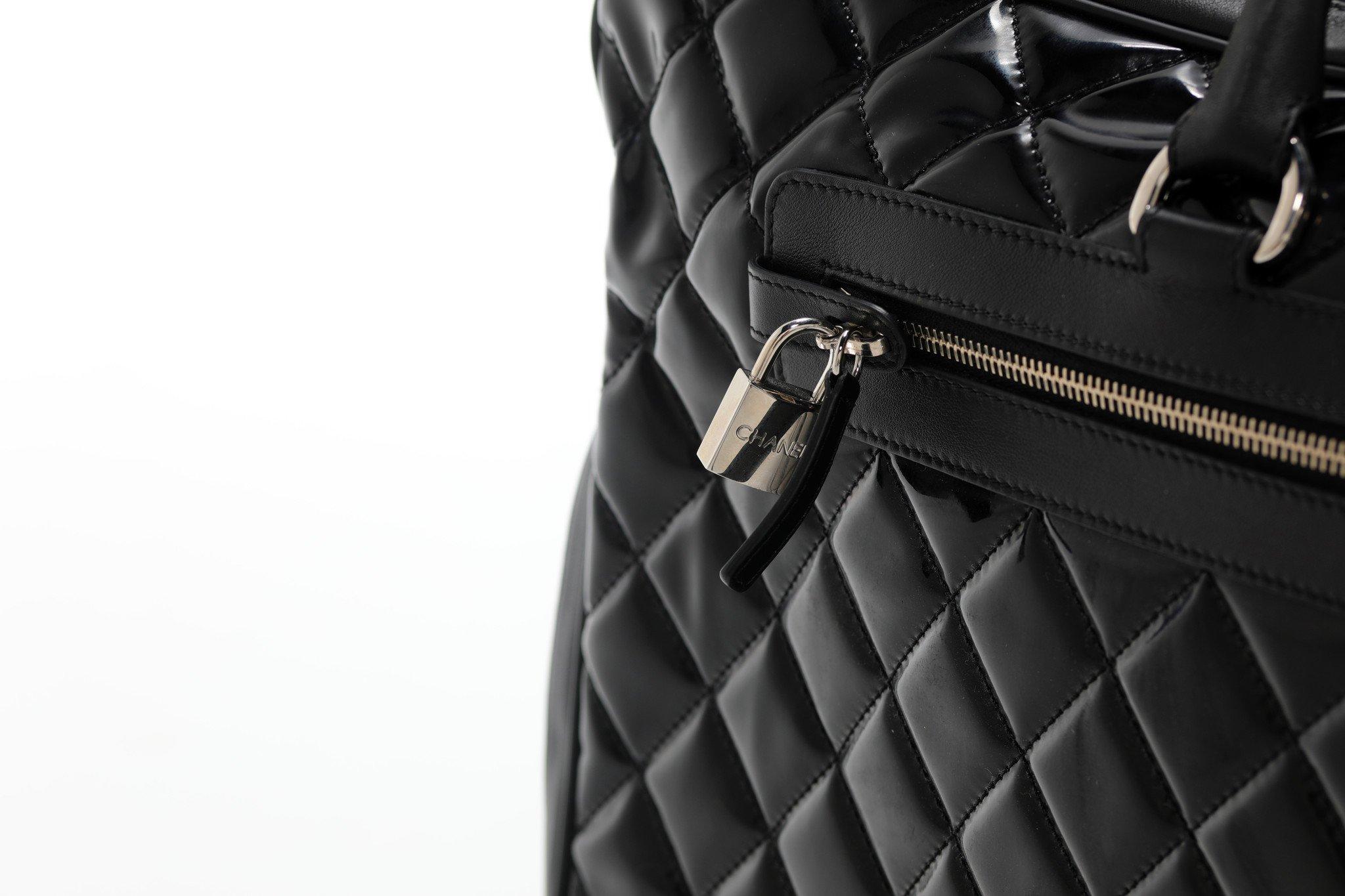 Chanel 2015 Timeless Quilted Carry-on Travel Tote Royal Black Patent Leather Bag For Sale 1