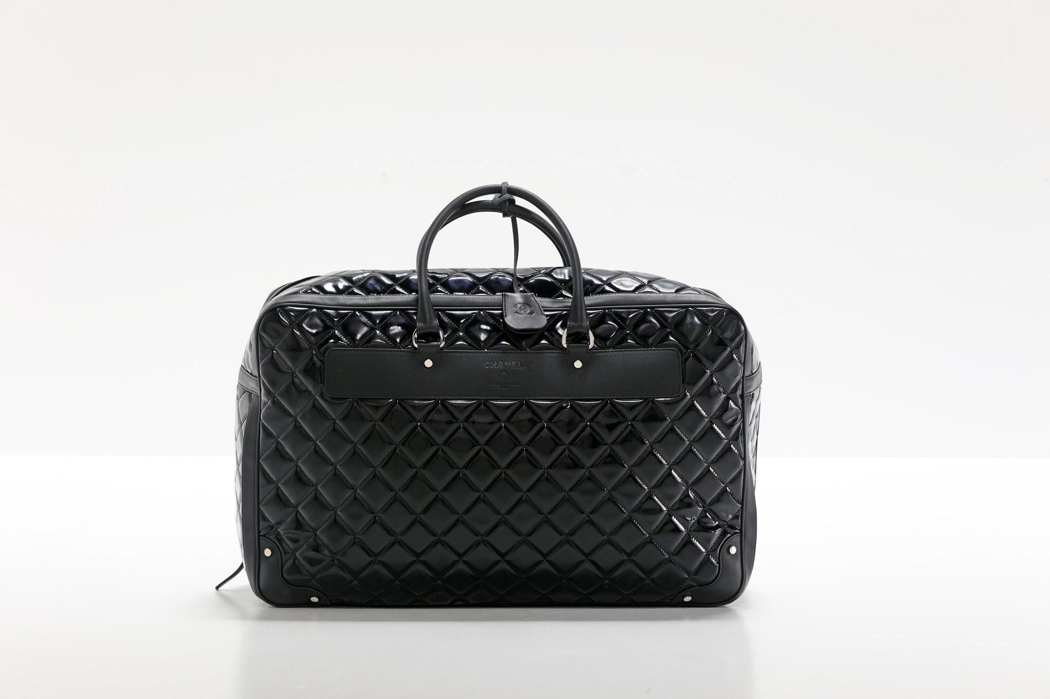 Chanel 2015 Timeless Quilted Carry-on Travel Tote Royal Black Patent Leather Bag For Sale 2
