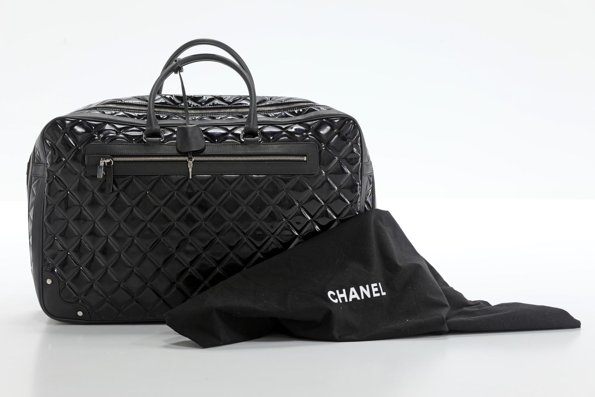 Chanel 2015 Timeless Quilted Carry-on Travel Tote Royal Black Patent Leather Bag For Sale 4