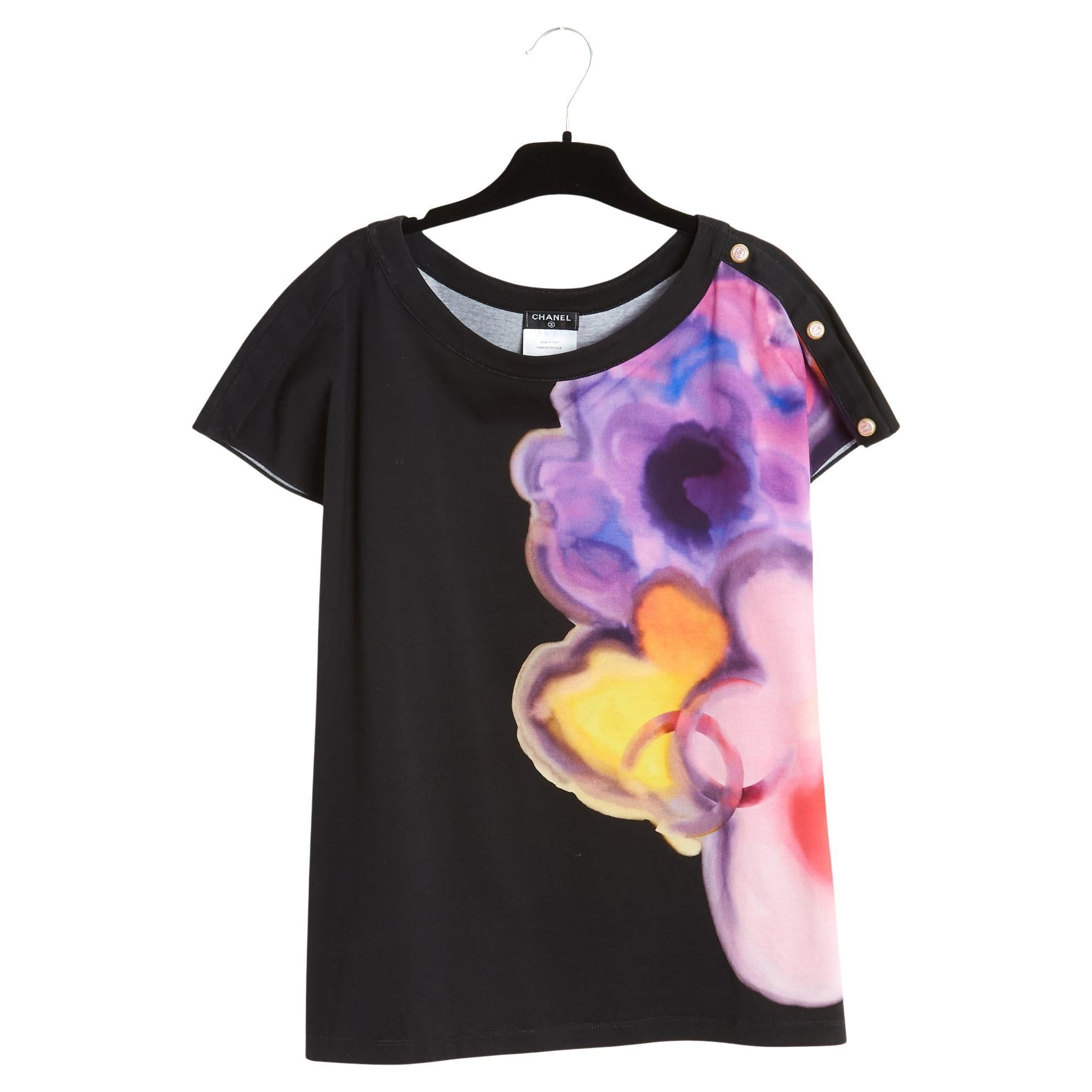 Chanel 2015 t-shirt noir FR48 Top Camelia CC aquarelle UK20 US18 en vente