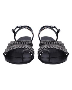 Chanel 2015 Tweed-Sandalen mit Kettenriemen aus schwarzem Leder