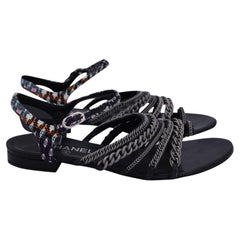 Chanel 2015 Tweed-Sandalen mit Kettenriemen aus schwarzem Leder