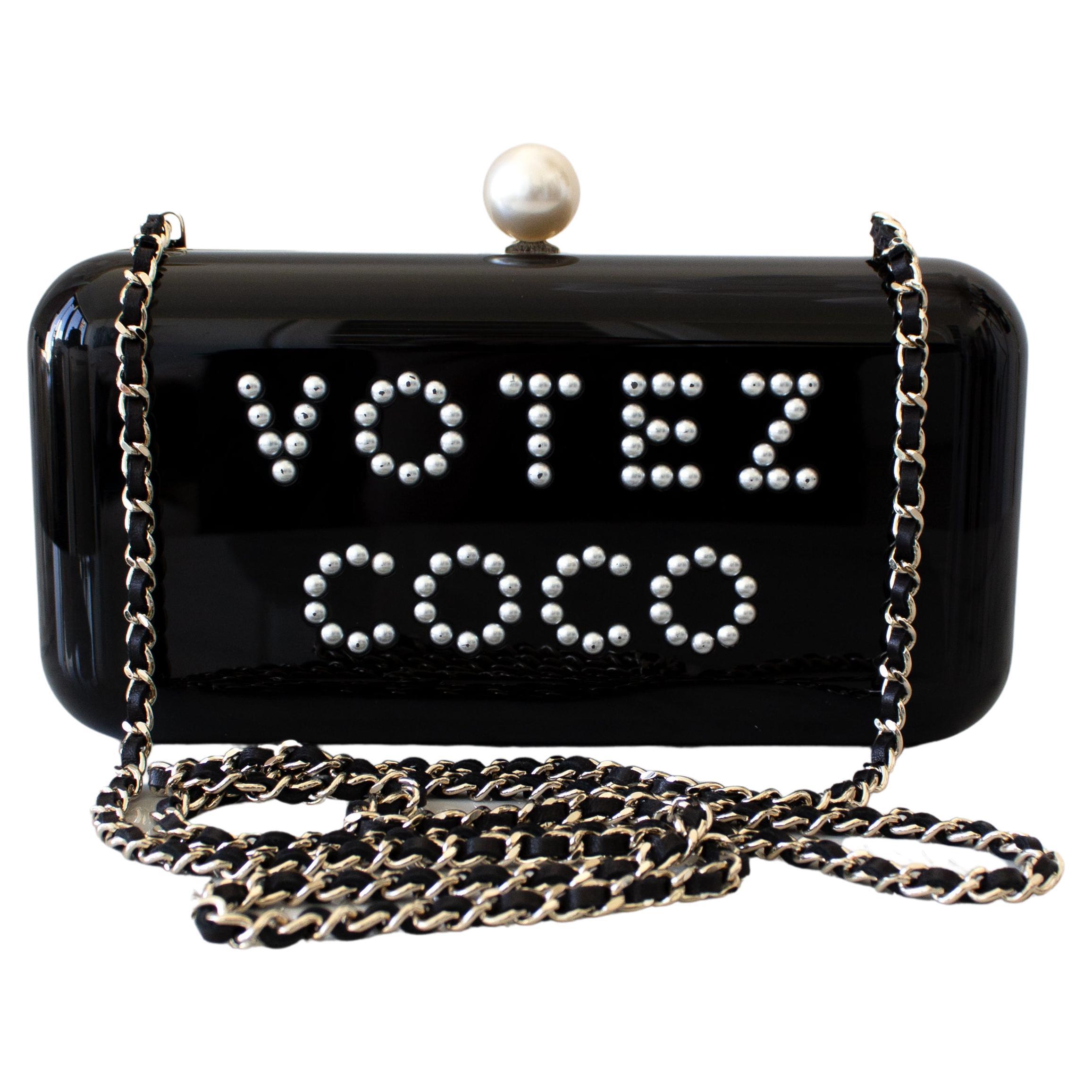 Chanel 2015 Votez Coco Black Pearl Plexiglass Minaudiere Evening Clutch Bag For Sale