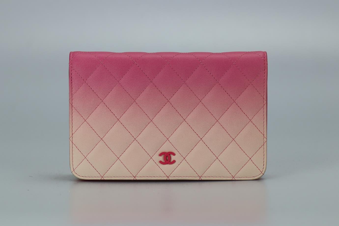 Chanel 2015 Wallet On Chain Ombre Quilted Leather Shoulder Bag. Pink. Snap button fastening - Front. Comes with - dustbag and authenticity card. Height: 4.8 in. Width: 7.5 in. Depth: 1.2 in. Strap drop: 23.5 in. Condition: Used. Very good condition