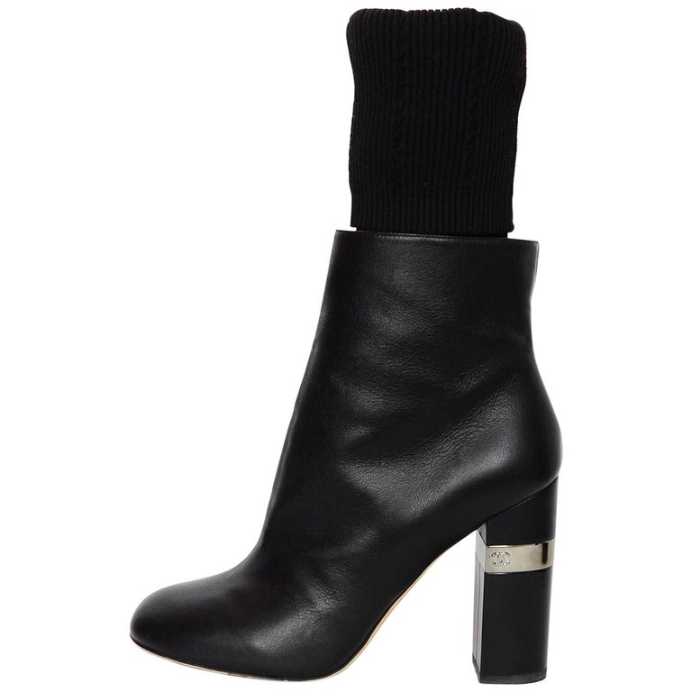 Chanel 2016 Black Leather Ankle Boots w/ Knit Sock Sz 39.5 For Sale at ...