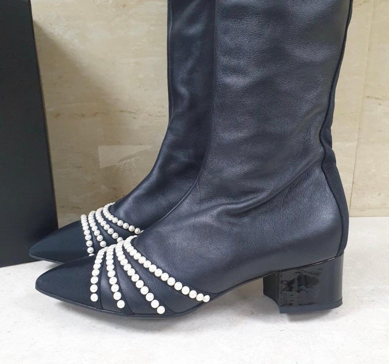 Chanel 2016 Black Leather Pearl Thigh High Boots For Sale at 1stDibs