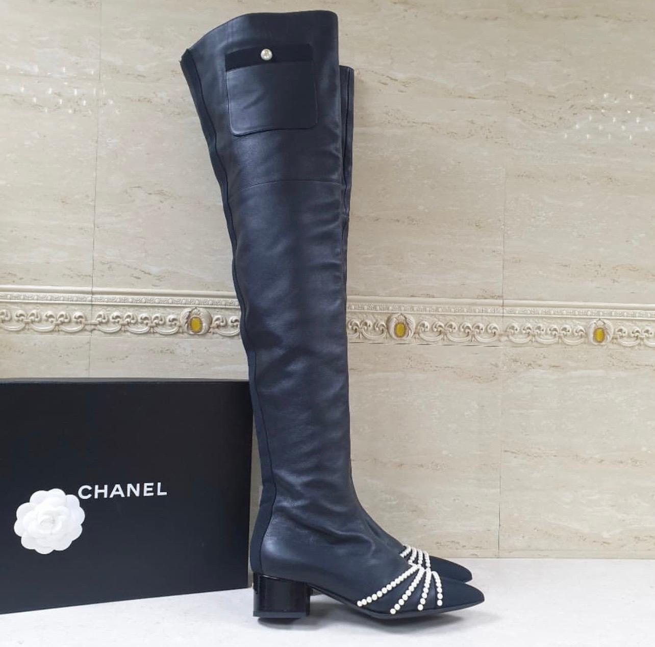 Women's or Men's Chanel 2016 Black Leather Pearl Thigh High Boots 