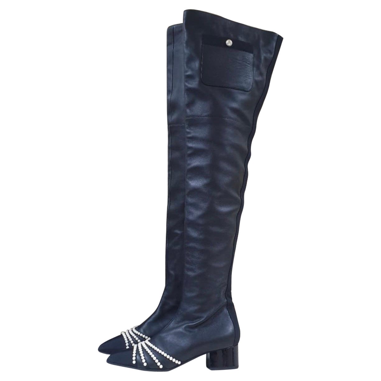 Chanel 2016 Black Leather Pearl Thigh High Boots