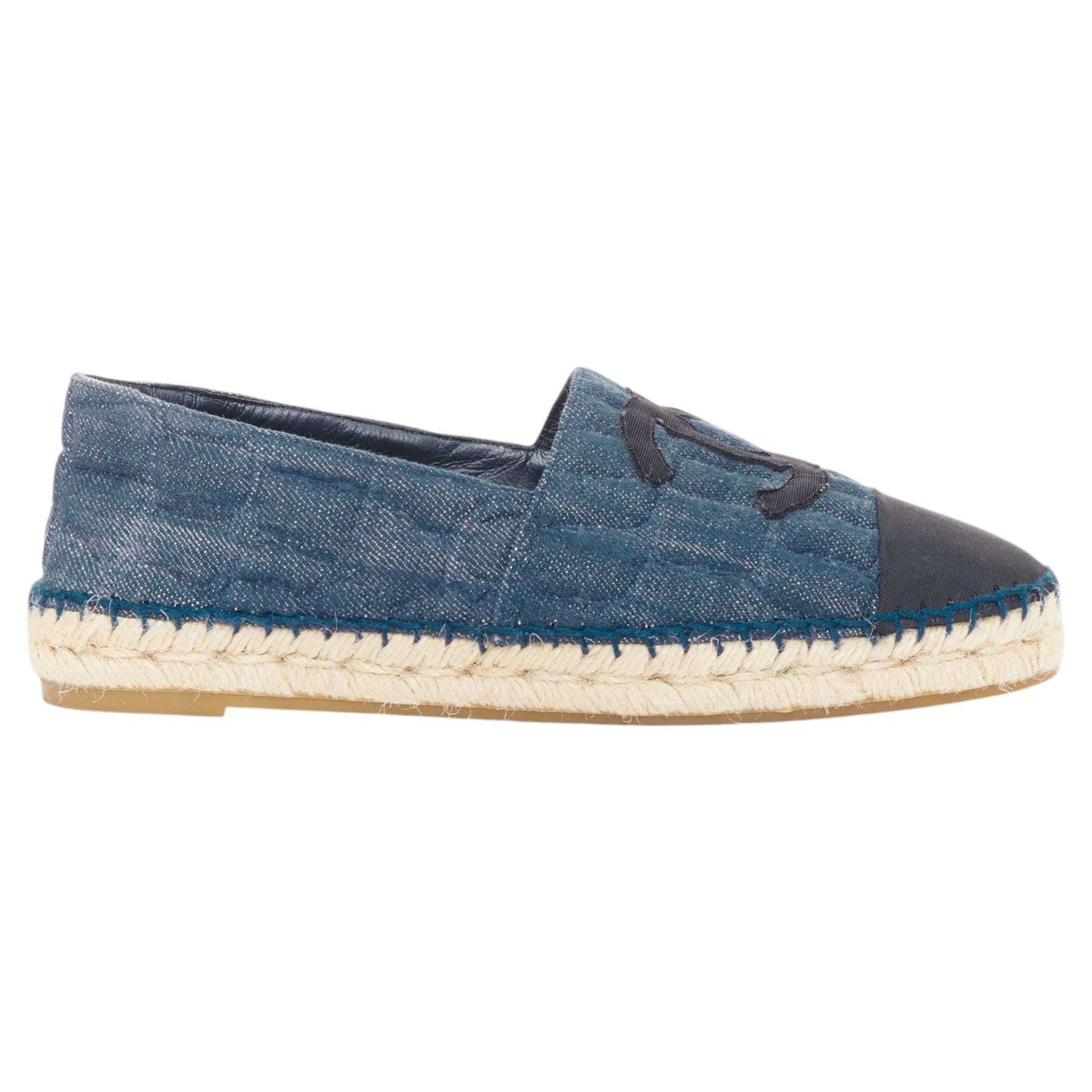 CHANEL 2016 blue embossed denim animal pattern quilted CC espadrilles shoes EU39 For Sale