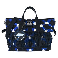 Chanel 2016 Blue Nylon Tweed Travel Carry On Blue Diamond Print Tote Bag