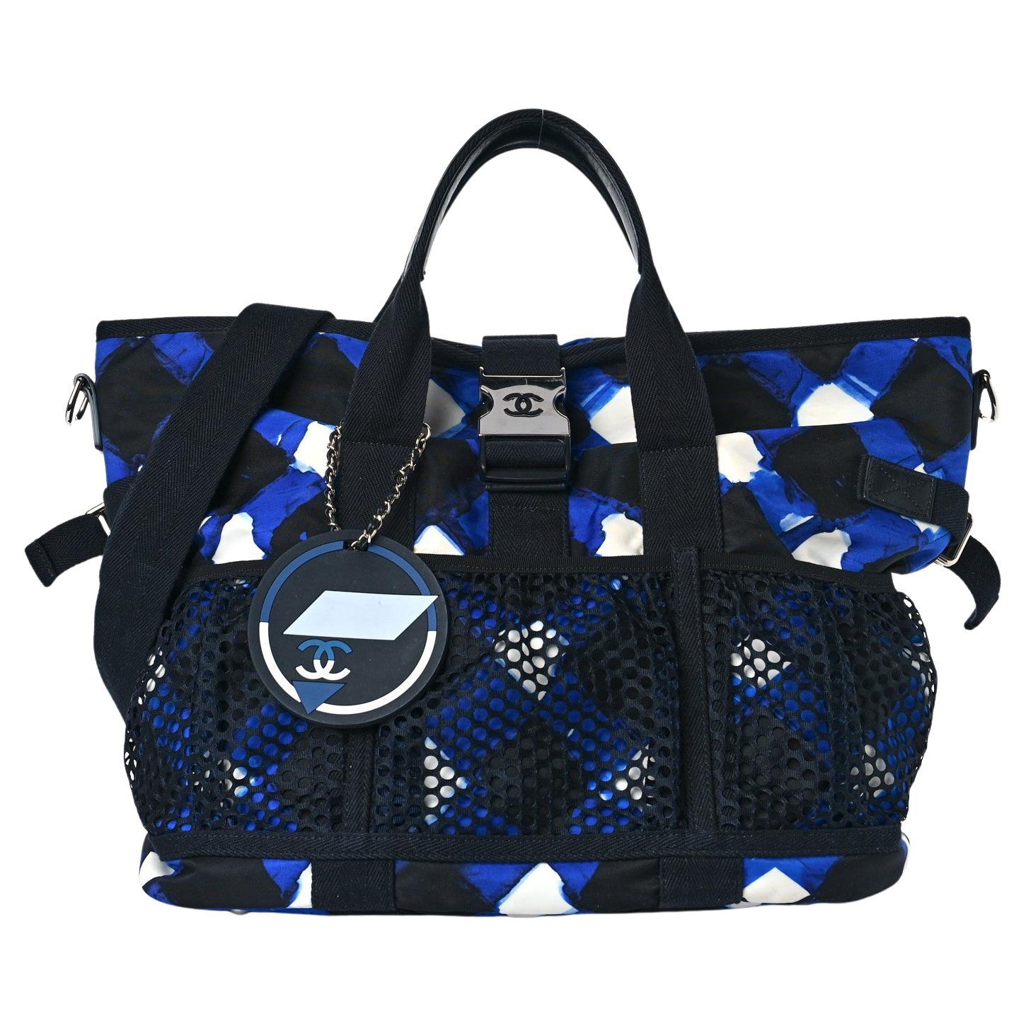 Chanel 2016 Blue Nylon Tweed Travel Carry On Blue Diamond Print Tote Bag