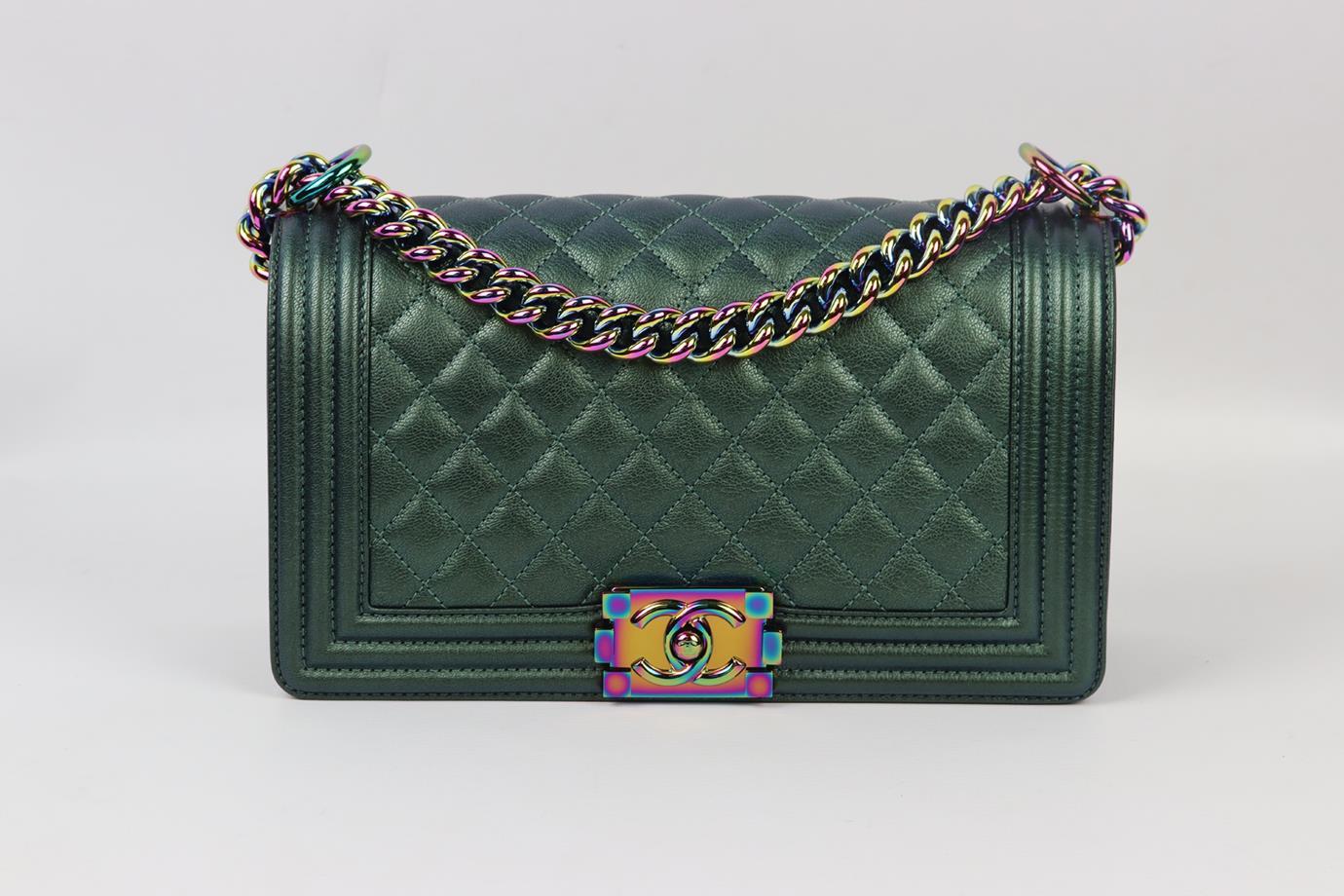 Chanel 2016 Boy medium iridescent quilted leather shoulder bag. Made from iridescent green quilted leather with matching leather interior and rainbow hardware chain shoulder straps. Green. Push lock fastening at front. Comes with authenticity card.