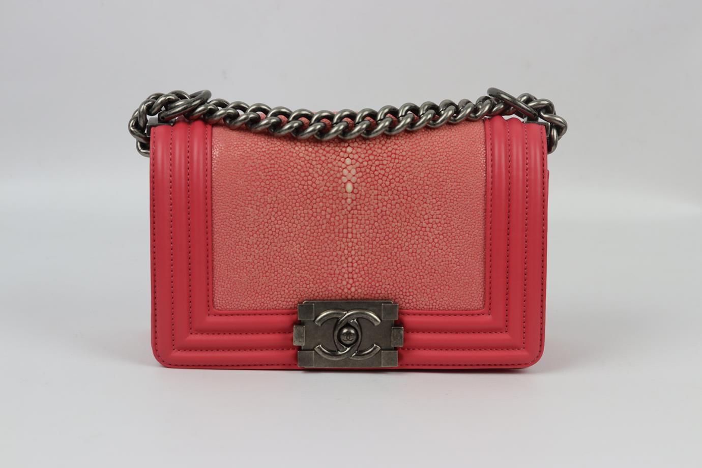 Chanel 2016 Boy small shagreen and leather shoulder bag. Made from coral-pink shagreen and leather with matching leather interior and ruthenium chain shoulder straps. Coral-pink. Push lock fastening at front. Does not come with authenticity card.