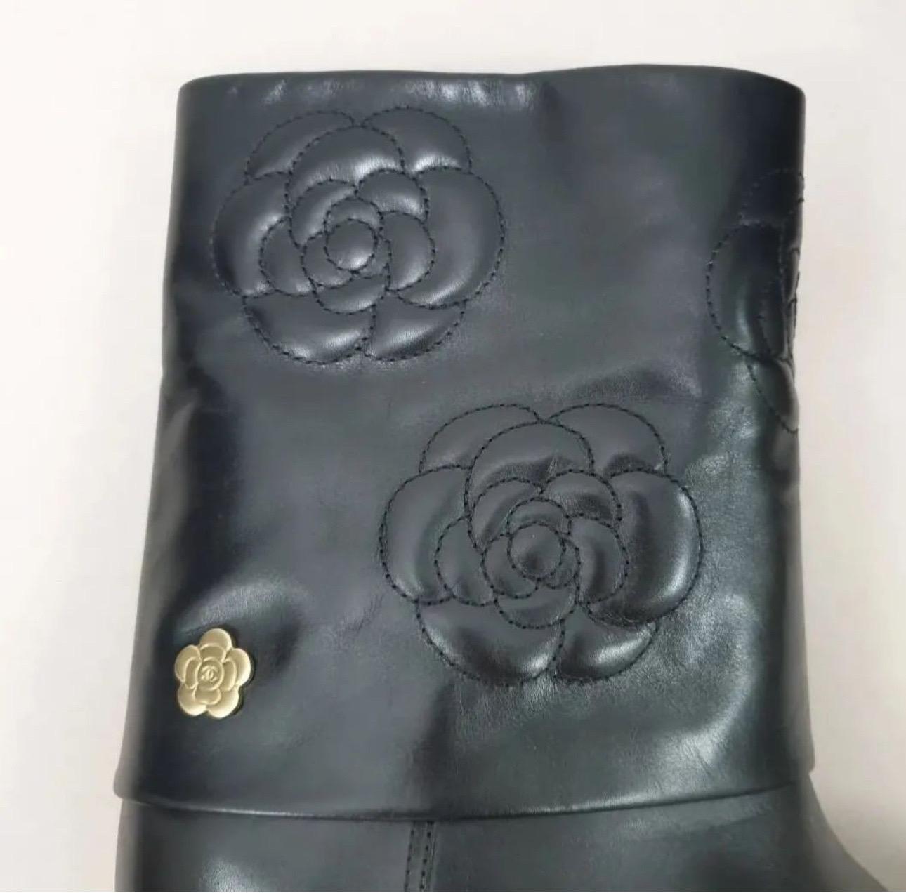 Women's CHANEL 2016 Camellia Flower Black Leather Mid Calf Boots For Sale