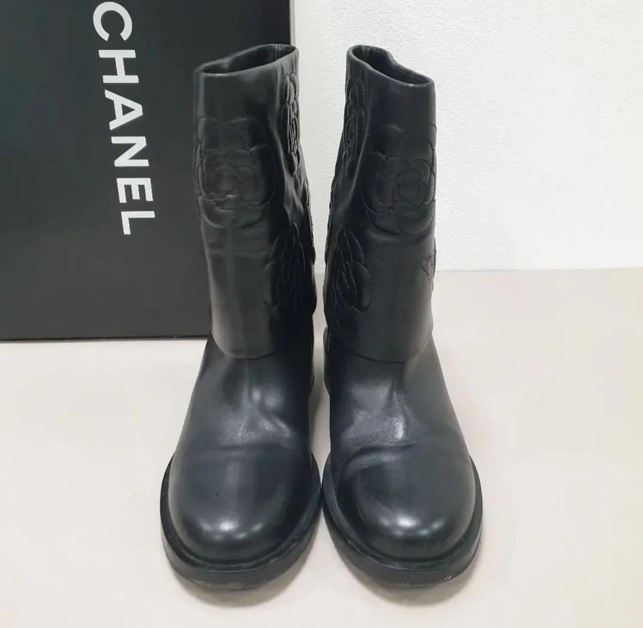 CHANEL 2016 Camellia Flower Black Leather Mid Calf Boots For Sale 1