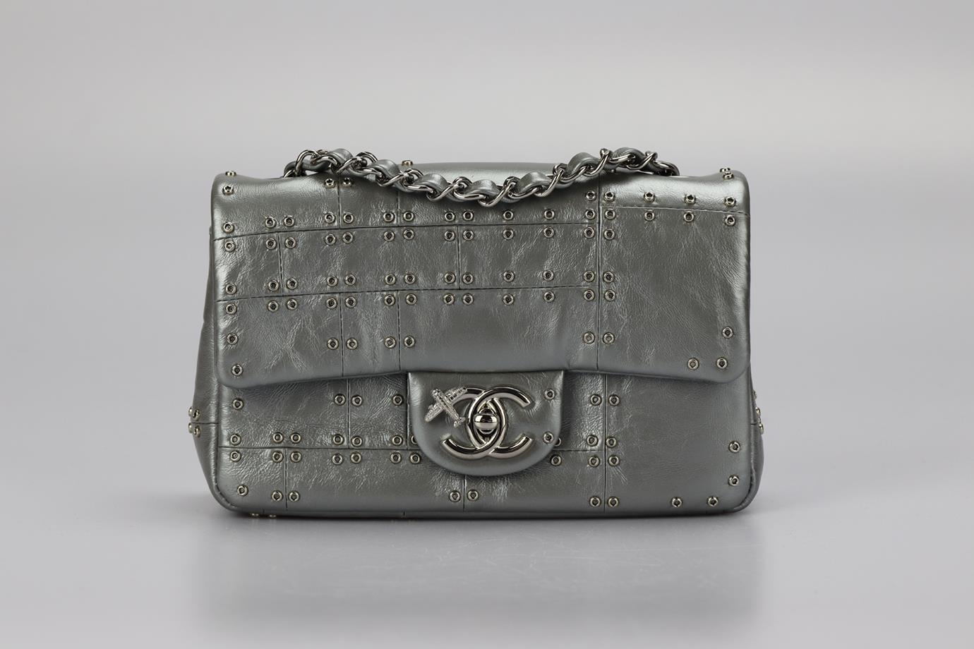 Chanel 2016 Classic Mini Rectangle Flap Embellised Leather Shoulder Bag. Silver. Twist lock fastening - Front. Comes with - authenticity card. Does not come with - dustbag or box. Height: 4.8 in. Width: 7.6 in. Depth: 2.5 in. Strap drop: 21.2 in.
