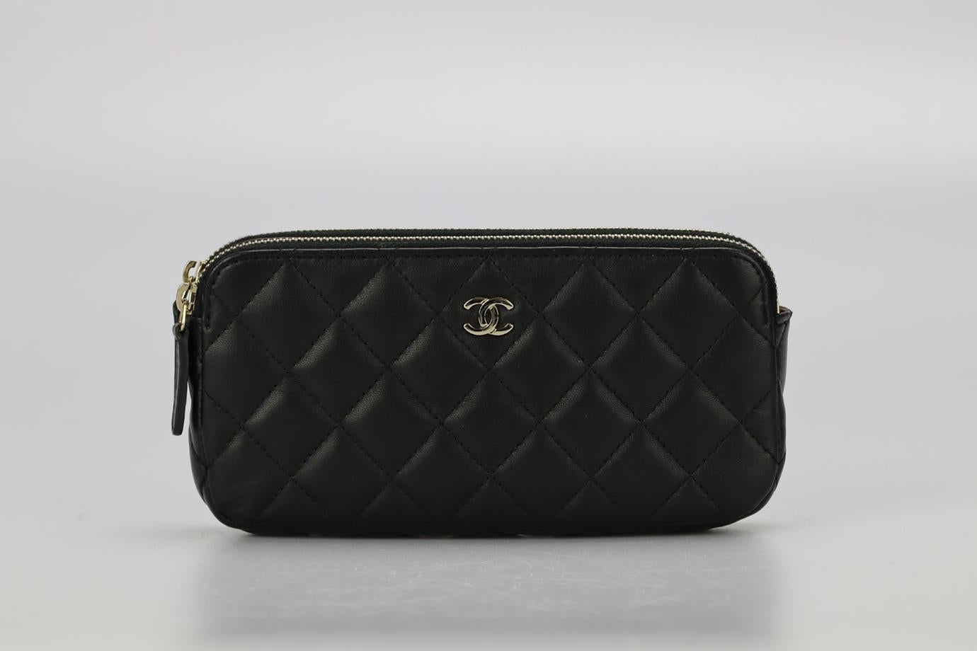 Chanel 2016 Clutch With Chain Quilted Leather Shoulder Bag. Black. Zip fastening - Top. Comes with - authenticity card. Does not come with - dustbag or box. Height: 3.2 in. Width: 7.2 in. Depth: 1.2 in. Strap drop: 23.2 in. Condition: Used. Very
