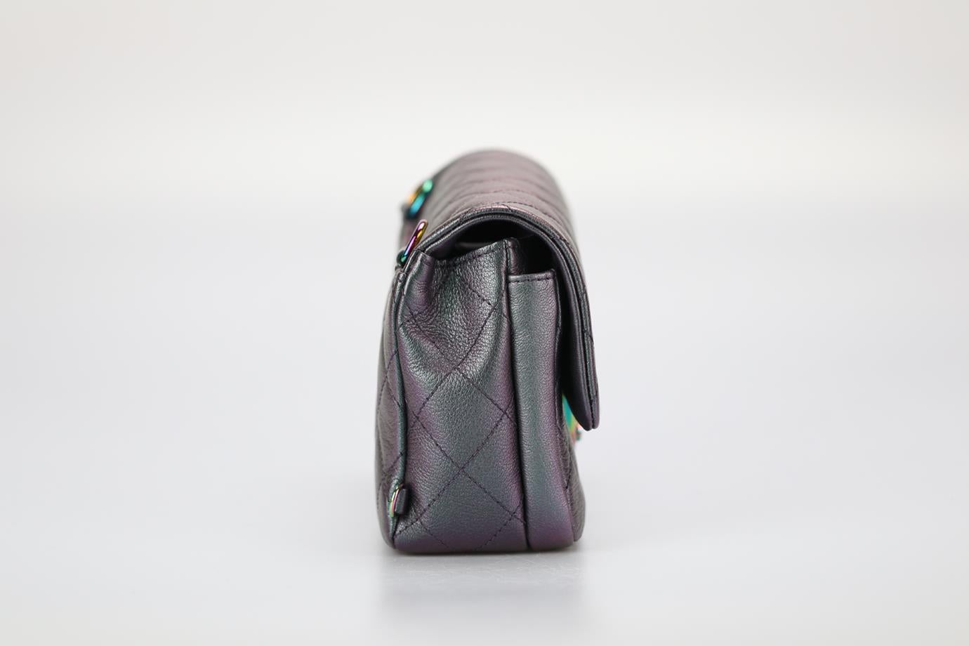 Chanel 2016 Double Carry Umhängetasche aus gestepptem Leder mit Irisch schillernder Kette (Grau) im Angebot