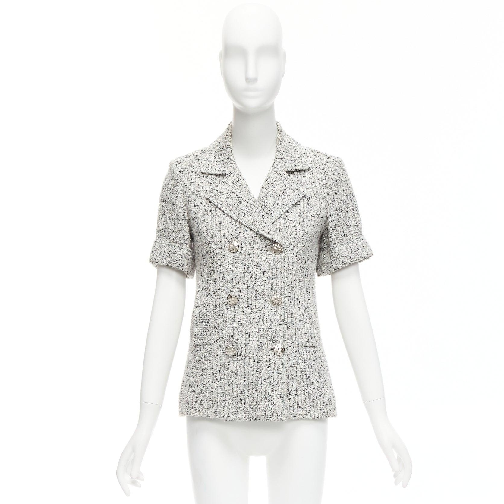 CHANEL 2016 Fantasy Tweed silver CC buttons cuffed sleeves jacket FR36 S For Sale 6