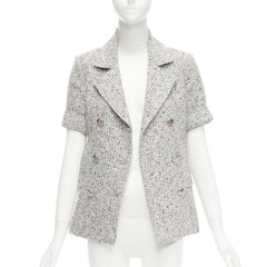 CHANEL 2016 Fantasy Tweed silver CC buttons cuffed sleeves jacket FR36 S