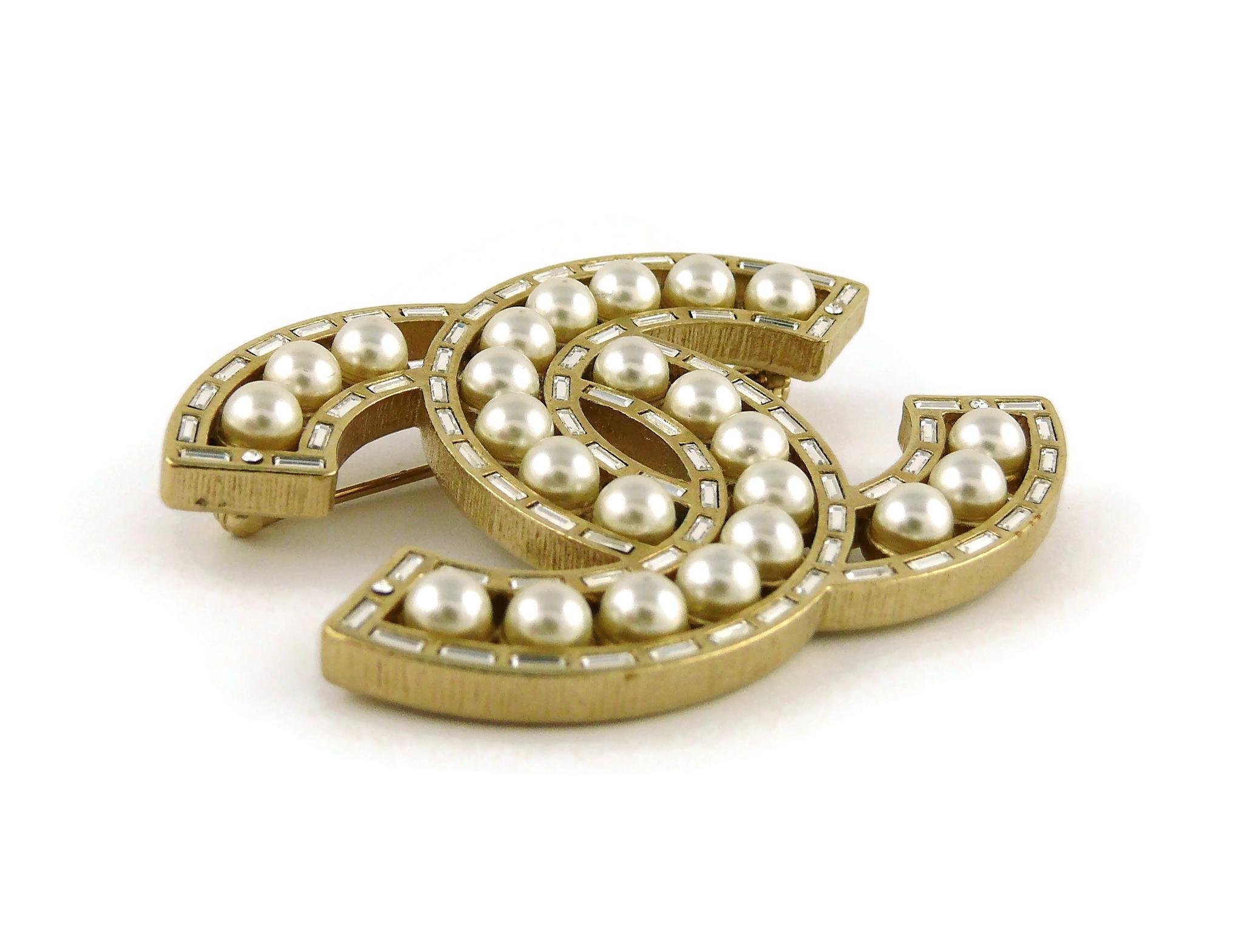Women's Chanel 2016 Gold Toned Baguette Crystal Pearl Classic CC Logo Brooch