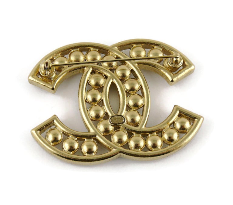Chanel 2016 Gold Toned Baguette Crystal Pearl Classic CC Logo Brooch at ...