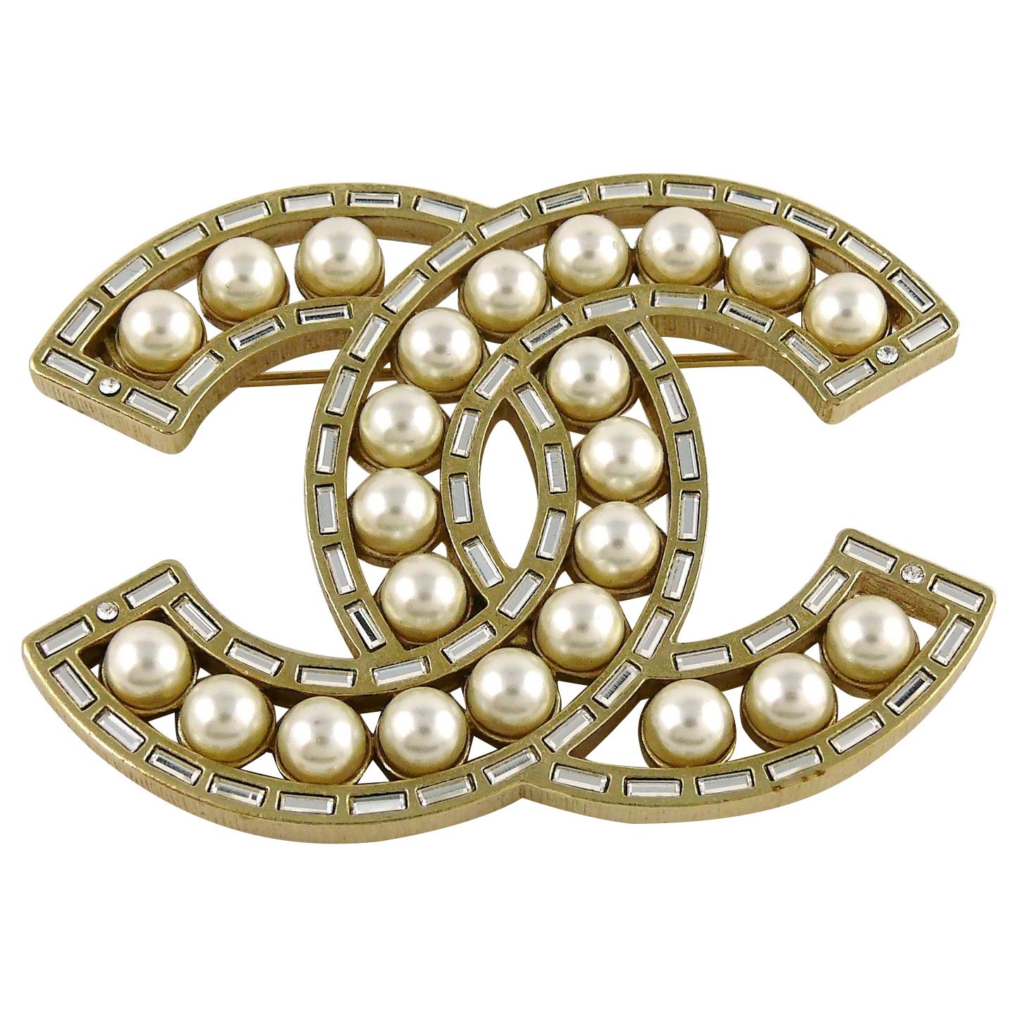 Chanel 2016 Gold Toned Baguette Crystal Pearl Classic CC Logo Brooch
