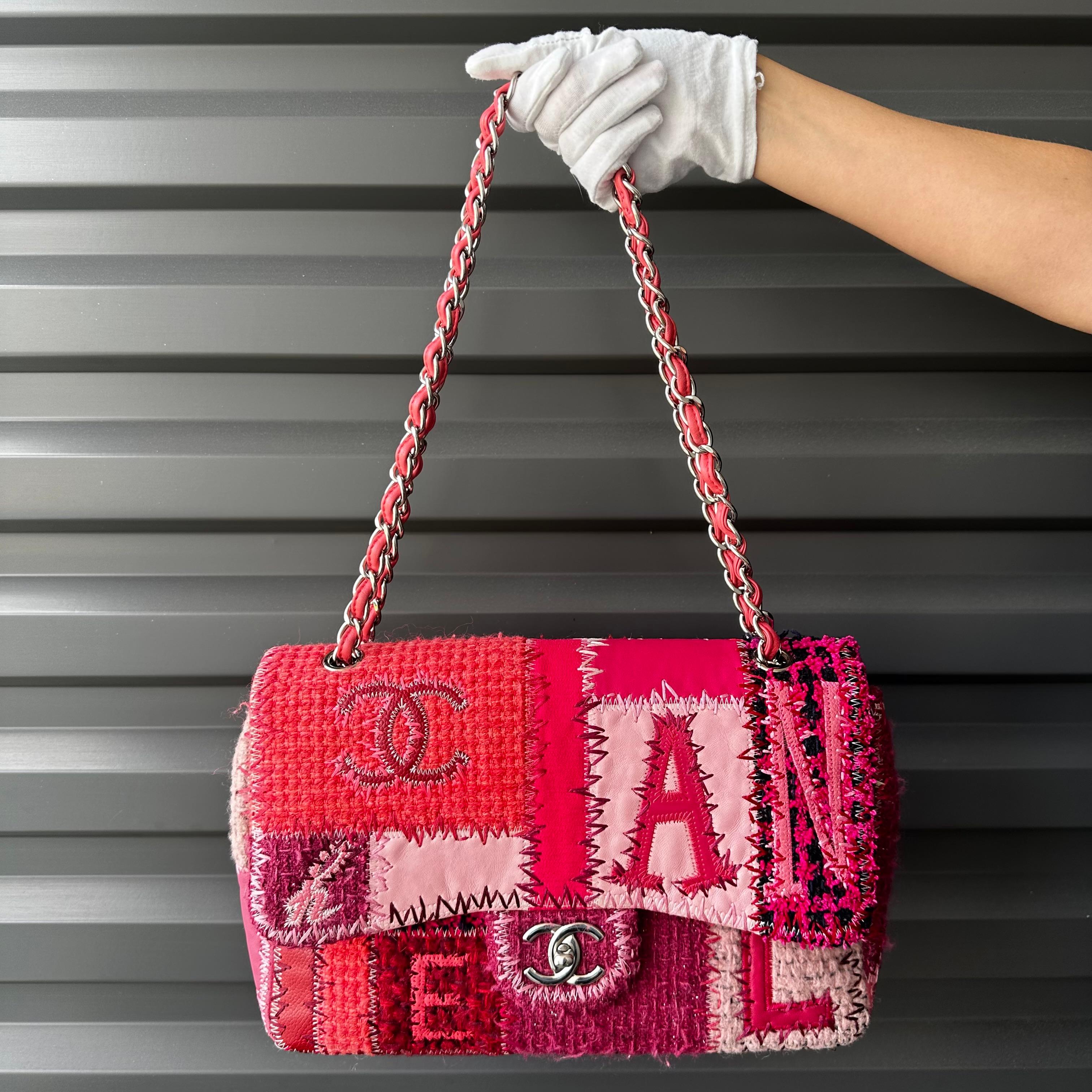 Description: This is an iconic Chanel 2016 Jumbo Pink Patchwork Tweed & Leather Classic Flap. This bag features a patchwork design of multiple tweed fabrics in an array of different shades of pink as well as several types of leather in shades of