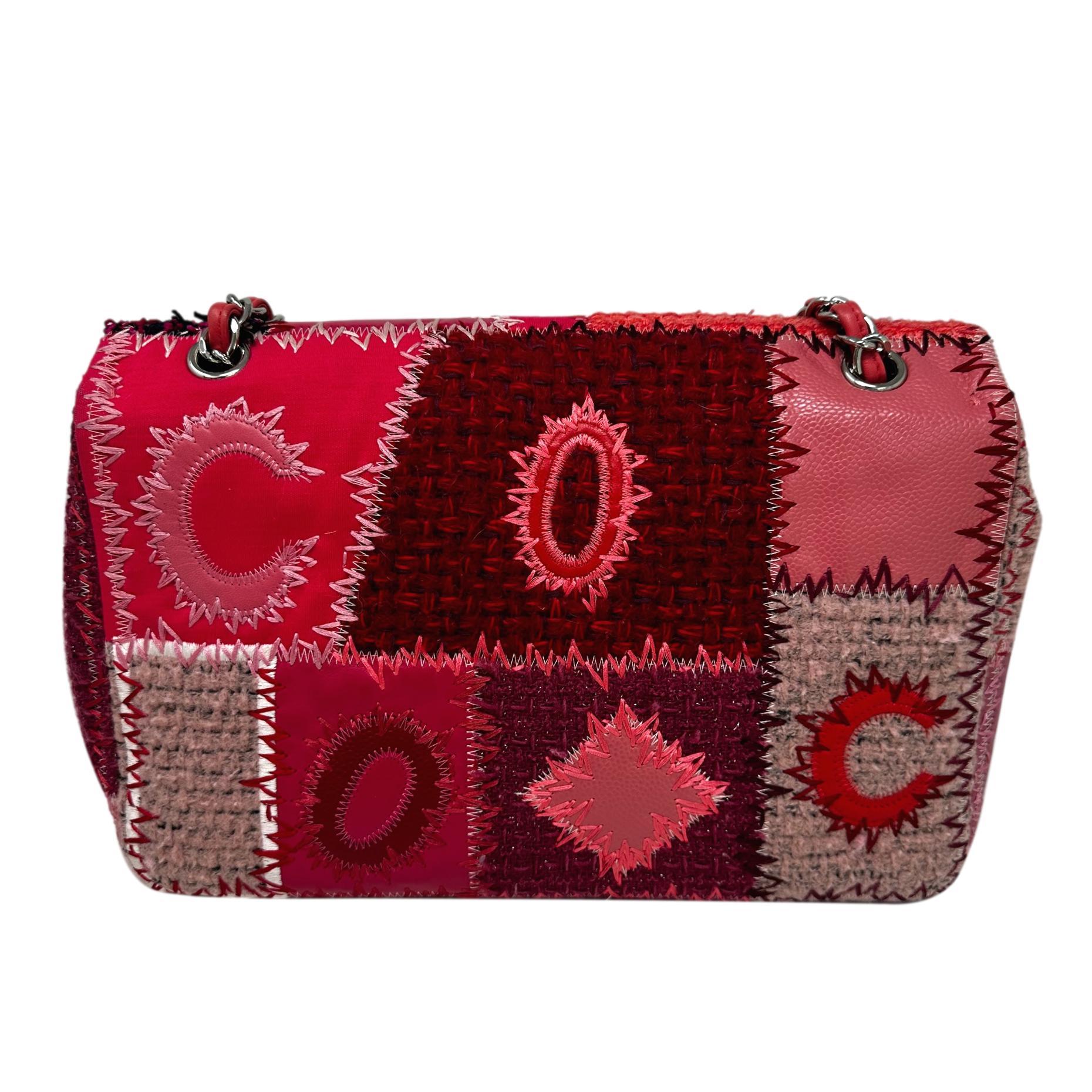 CHANEL 2016 Jumbo Pink Patchwork Tweed & Leather Classic Flap Bag In Excellent Condition For Sale In Los Angeles, CA