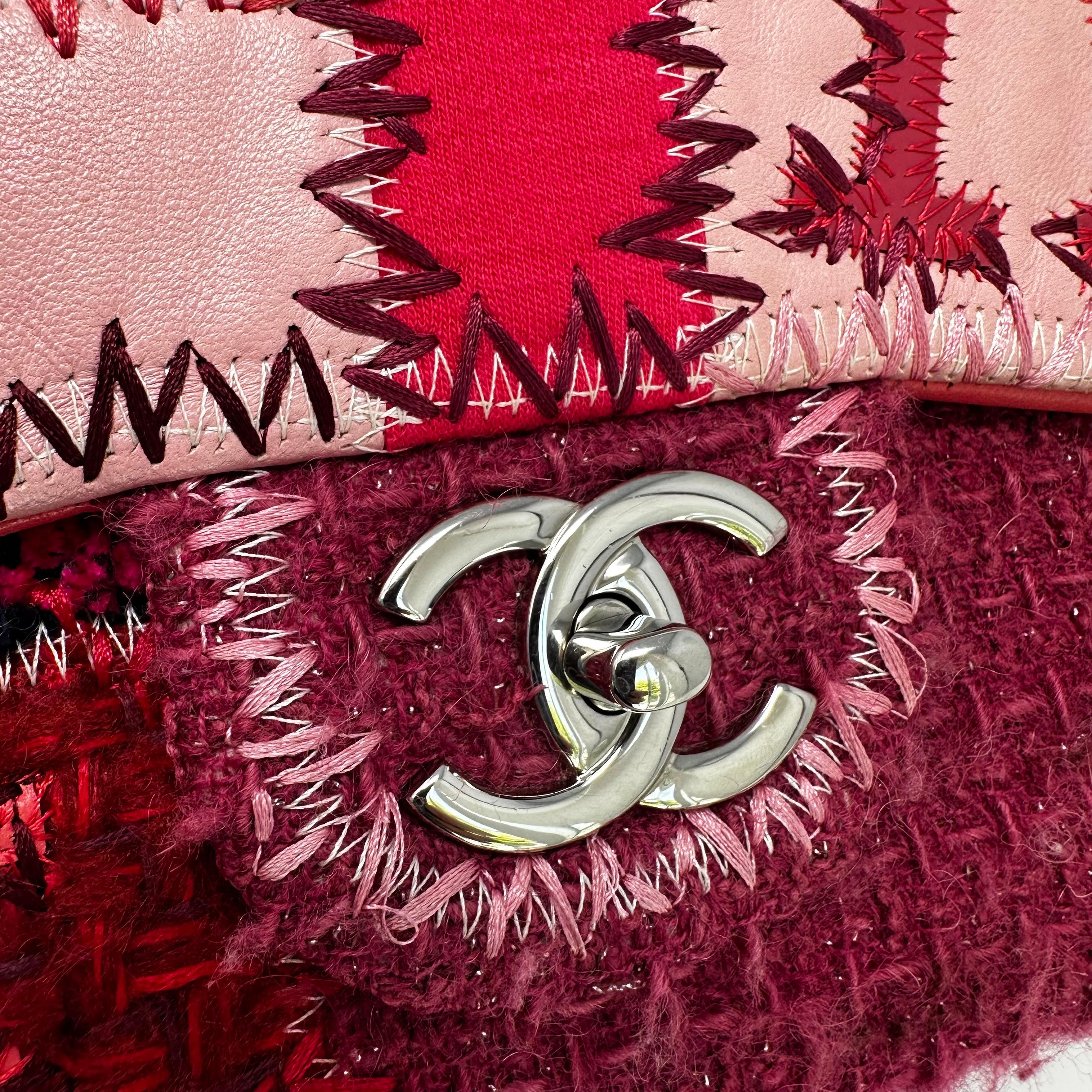 CHANEL 2016 Jumbo Pink Patchwork Tweed & Leather Classic Flap Bag For Sale 4
