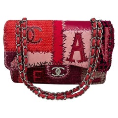 CHANEL 2016 Jumbo Pink Patchwork Tweed & Leather Classic Flap Bag