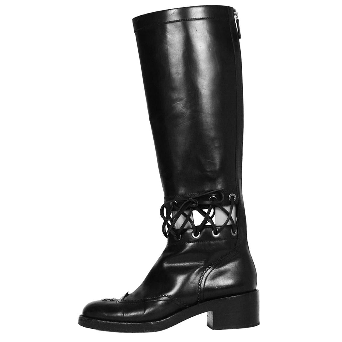 Chanel 2016 Lace-Up Cutout CC Knee-High Boots sz 38.5