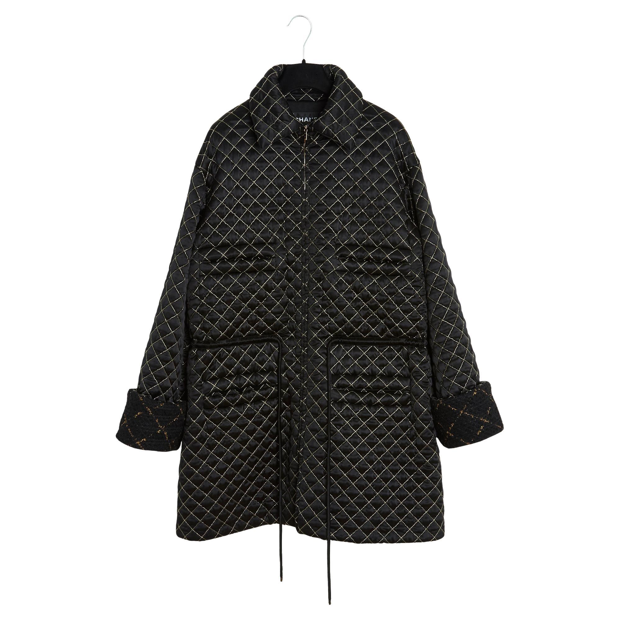 Chanel 2016 Manteau Parka FR40 Black Gold Quilted Silk Coat UK12 US10 For Sale