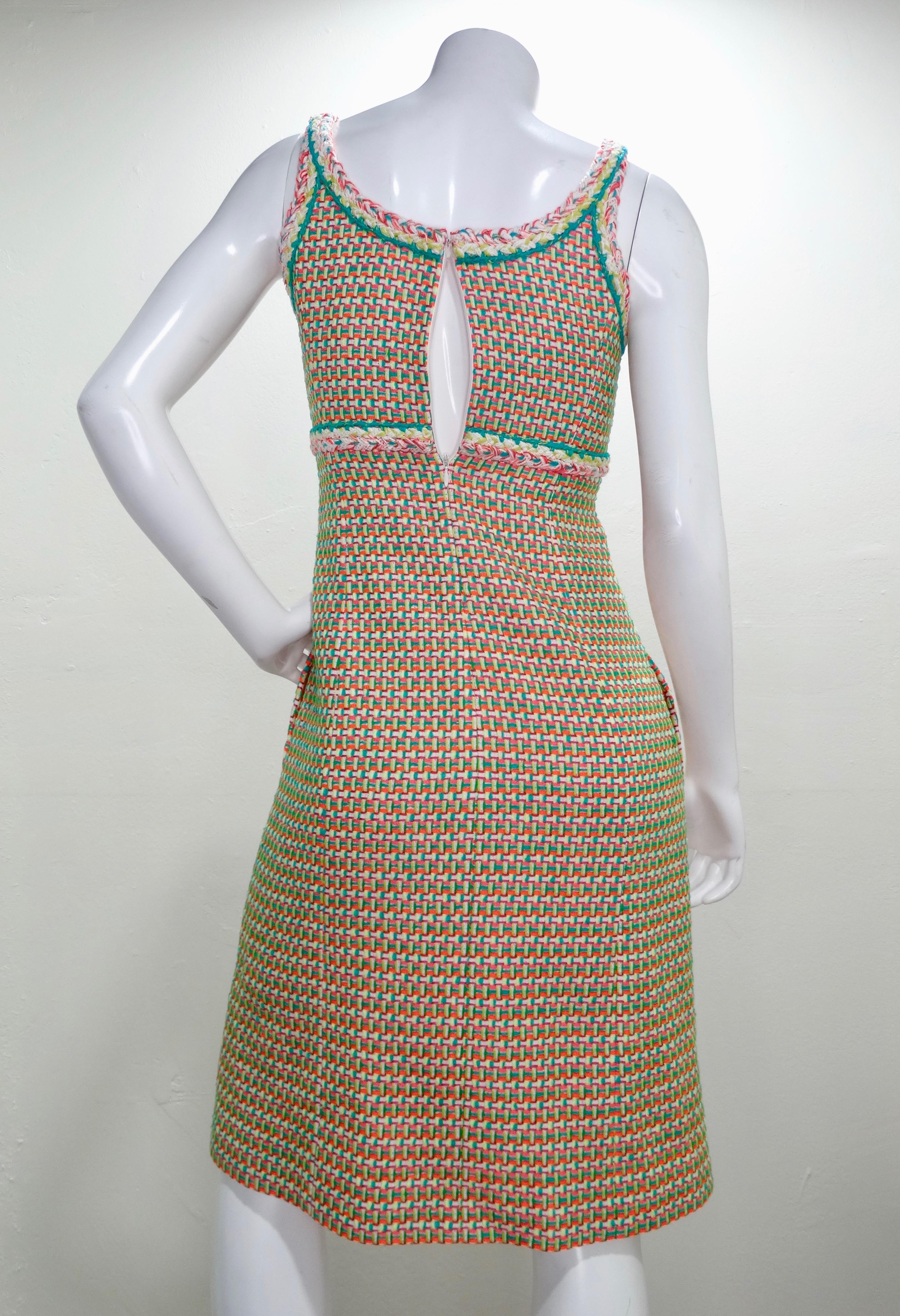 Chanel 2016 Multi-Colored Neon Tweed Dress In Excellent Condition In Scottsdale, AZ