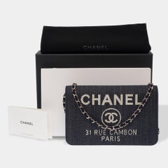 Chanel 2016 Navy Blue Denim Wallet On Chain Bag with Silver Hardware
