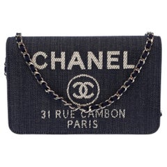 Chanel 2016 Navy Blue Denim Wallet On Chain Bag with Silver Hardware