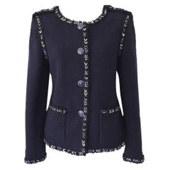 CHANEL 2016 Navy Blue Tweed Trimmed Jacket Blazer