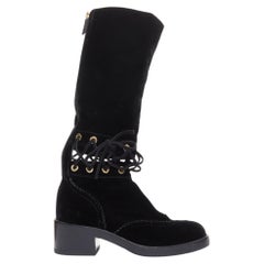 CHANEL 2016 Runway black velvet CC cap toe First Corset laced riding boots EU37