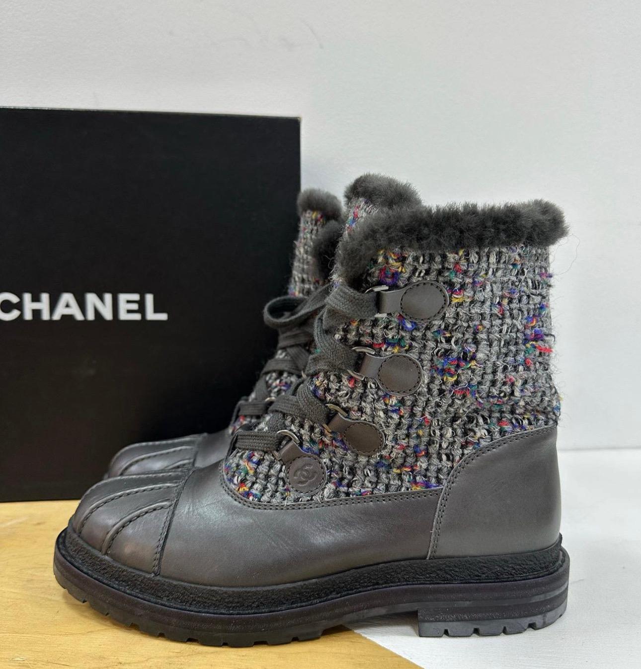 Chanel 2016 shearling lined tweed and leather ankle boots. 
Grey, blue, red and yellow.
Lace up fastening at front. 
Very good condition. Signs of wear seen on pics.
Does not come with box or dustbag.