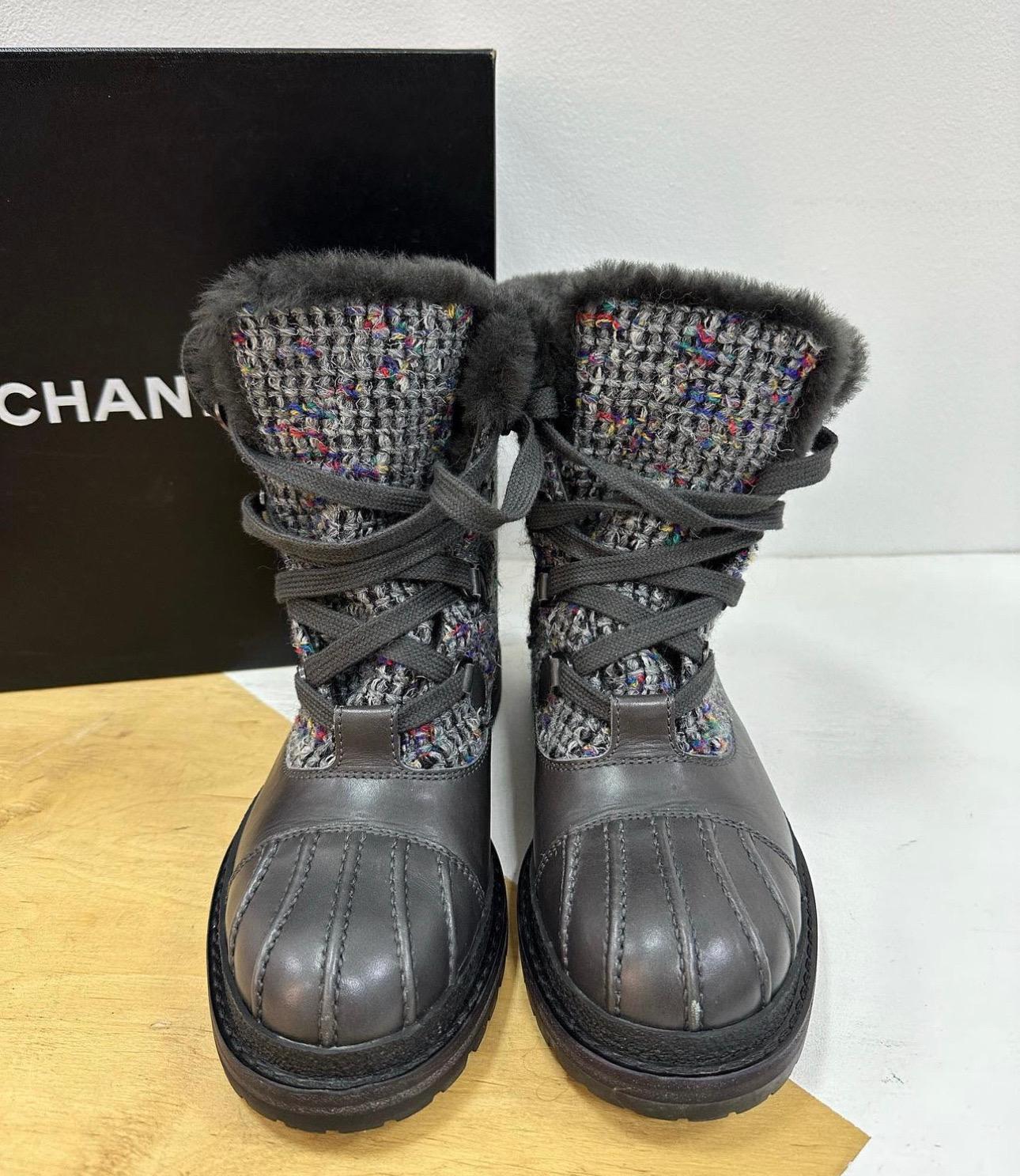 Women's Chanel 2016 Shearling Lined Tweed And Leather Ankle Boots