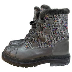 Chanel 2016 Shearling Lined Tweed And Leather Ankle Boots