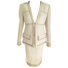 Chanel 2017 17A Ecru & Gold Métiers d'Art Tweed Jacket & Skirt Suit FR 40 US 8