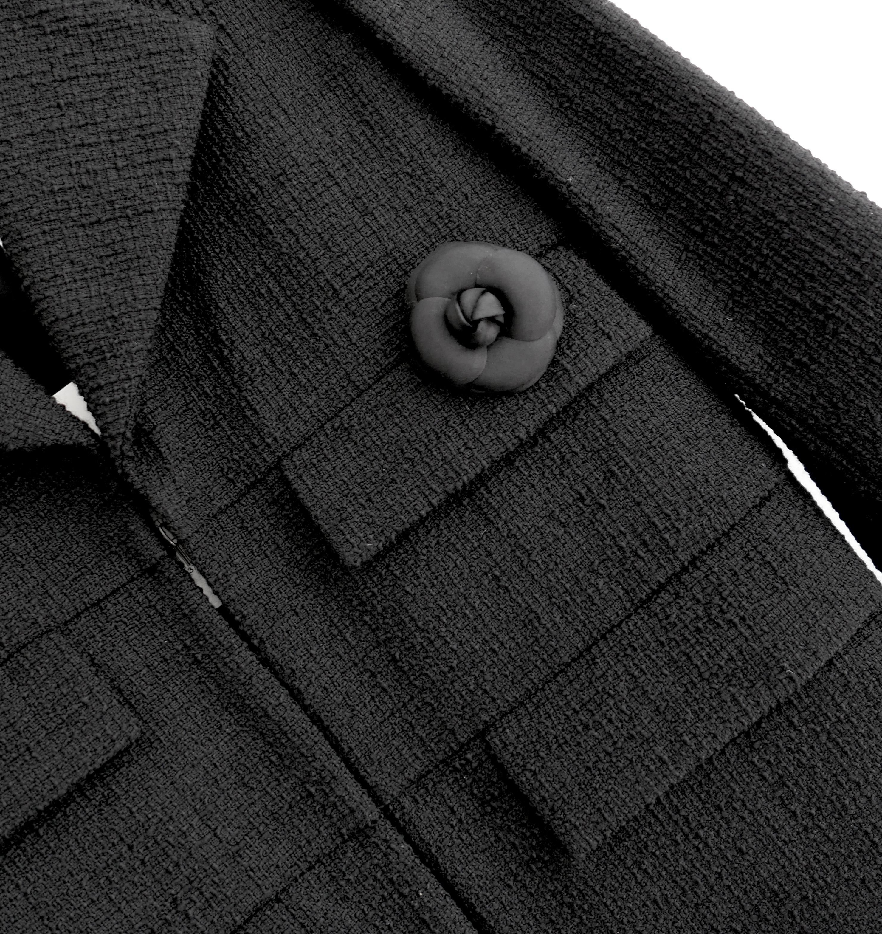 Chanel 2017 17C Black Tweed Camellia Pin Jacket In New Condition For Sale In London, GB