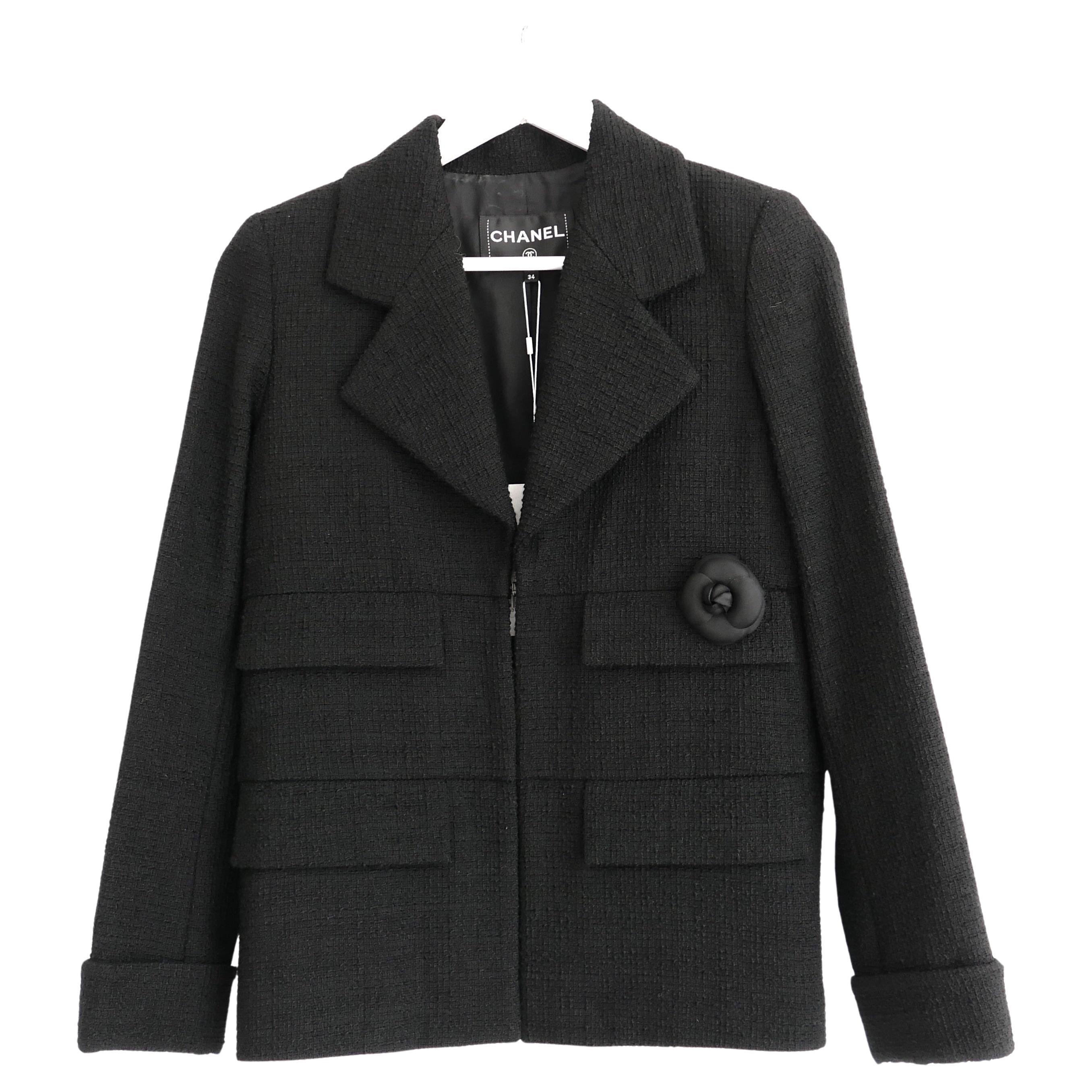Chanel 2017 17C Black Tweed Camellia Pin Jacket For Sale