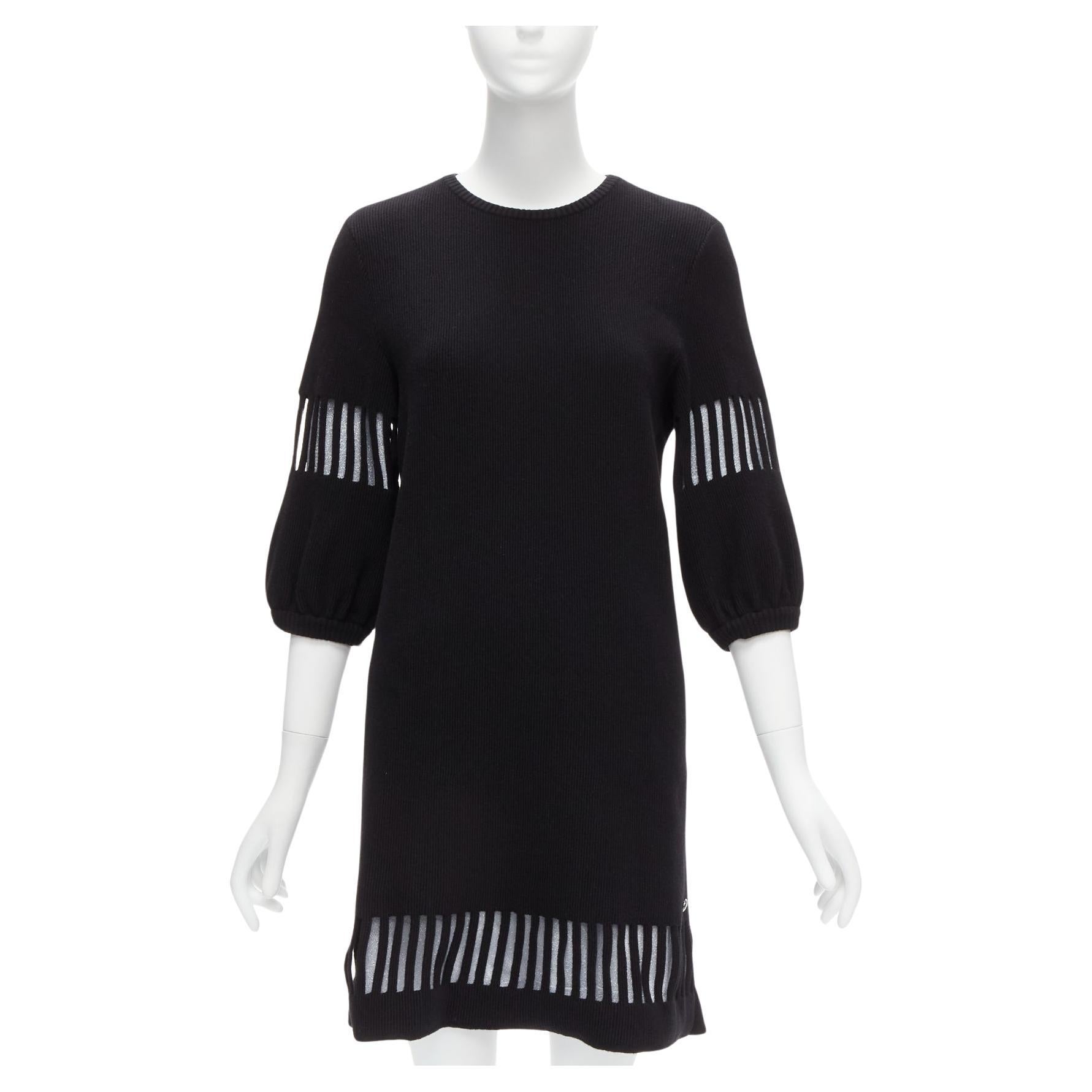 CHANEL 2017 black wool angora geometric cut out silver lurex lined sweater dress For Sale